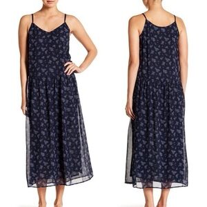 Vince Calico Floral Shirred Waist Silk Midi Dress Size L